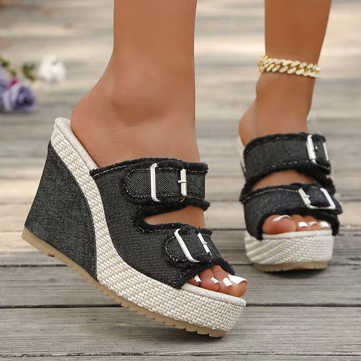 Alona | Denim Fray-Edge Wedge Sandals