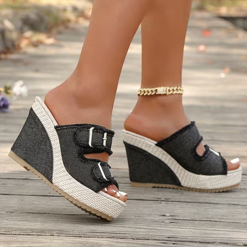 Alona | Denim Fray-Edge Wedge Sandals