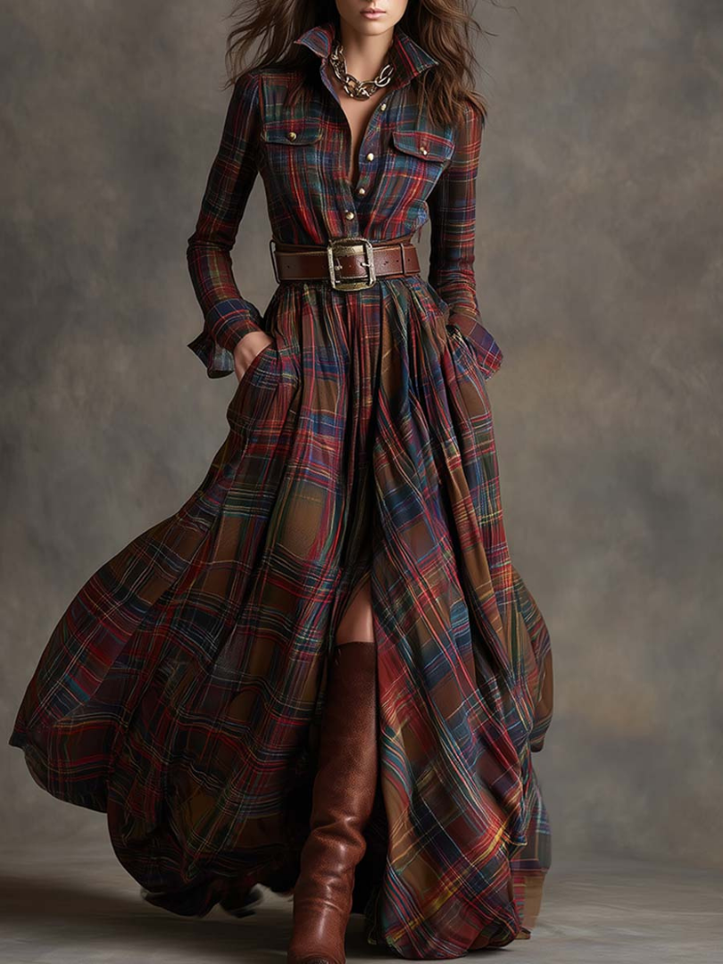 Maribel | Timeless Plaid Maxi Dress with Belt