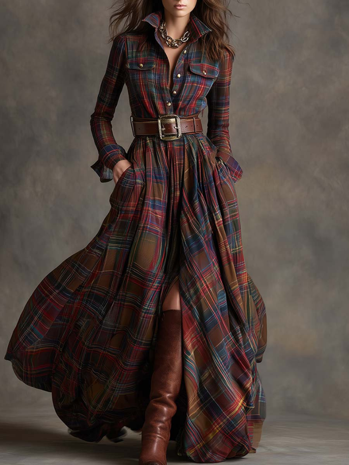 Maribel | Timeless Plaid Maxi Dress with Belt
