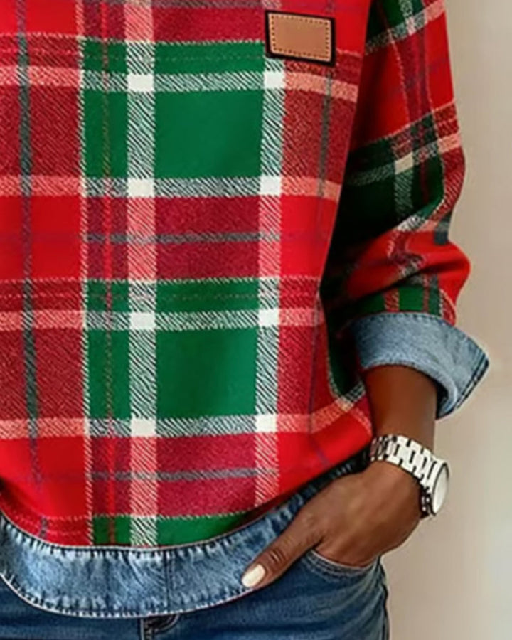 Hannah | Round Neck Sweatshirt with Plaid Accents