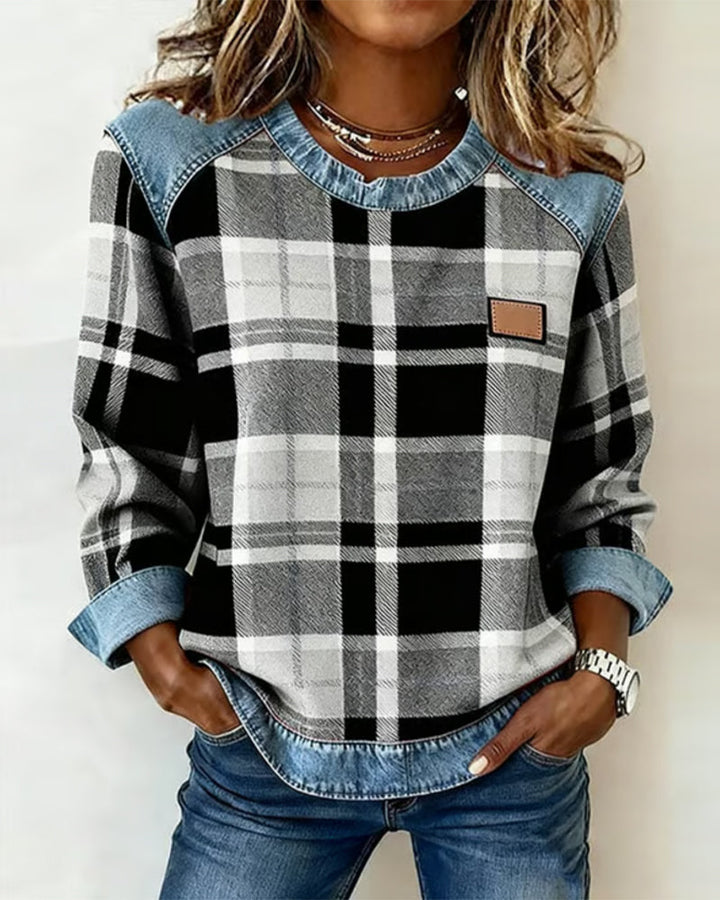 Hannah | Round Neck Sweatshirt with Plaid Accents