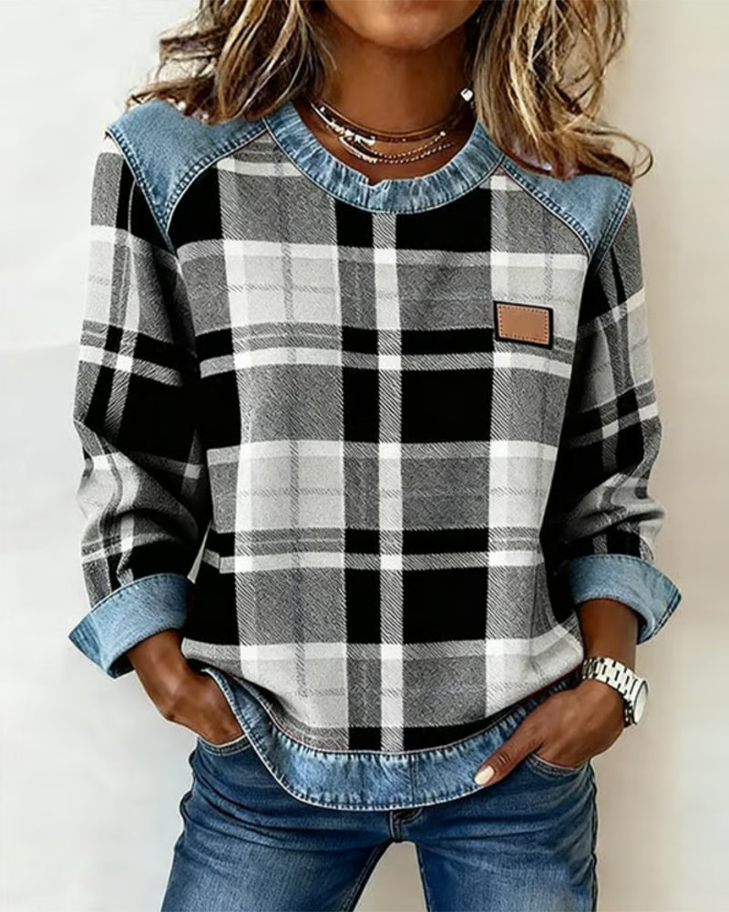Hannah | Round Neck Sweatshirt with Plaid Accents