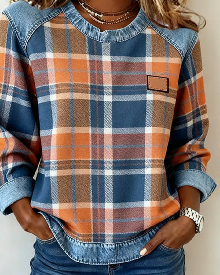 Hannah | Round Neck Sweatshirt with Plaid Accents