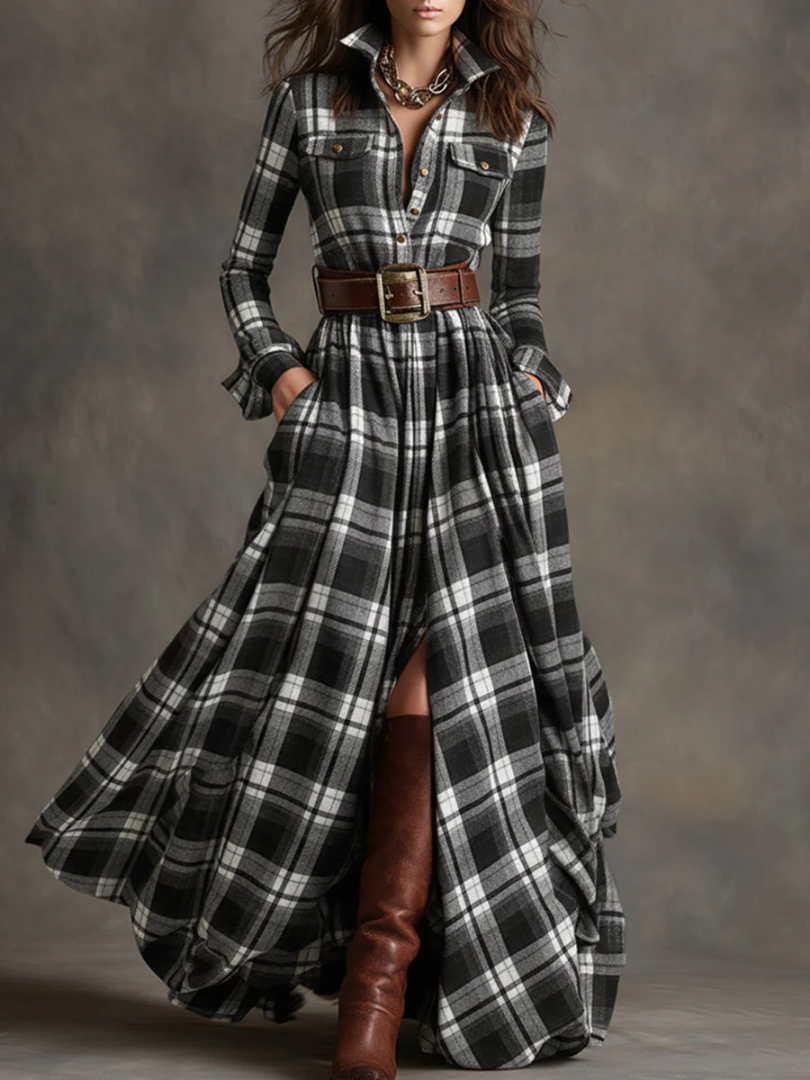 Maribel | Timeless Plaid Maxi Dress with Belt
