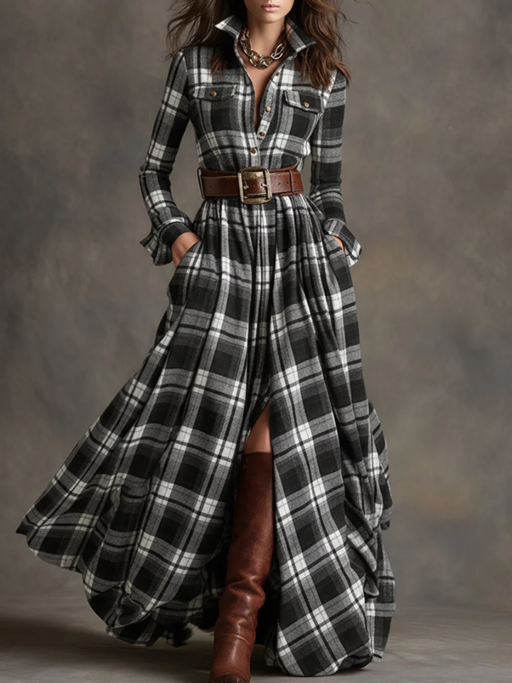 Maribel | Timeless Plaid Maxi Dress with Belt