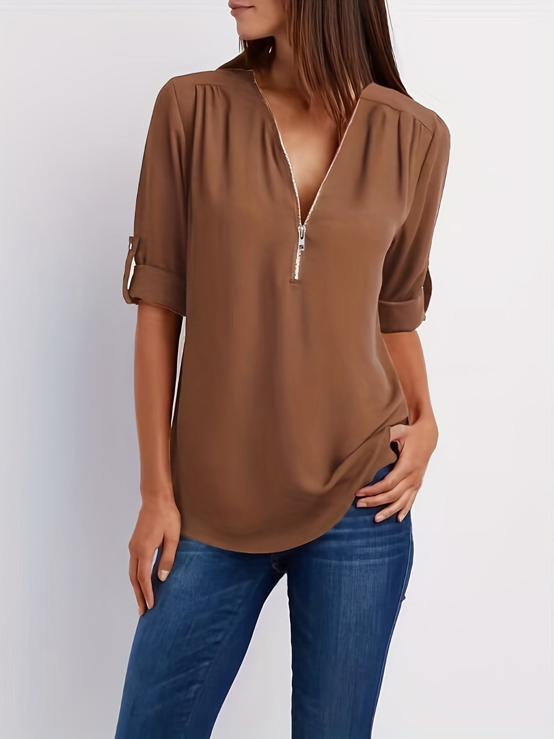 Lena | Chic V-Neck Zip Top