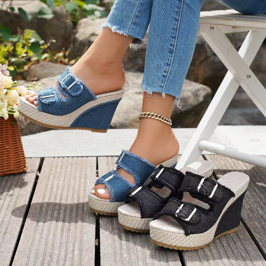 Alona | Denim Fray-Edge Wedge Sandals