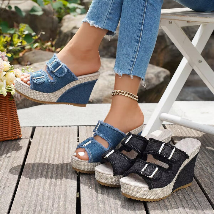 Alona | Denim Fray-Edge Wedge Sandals