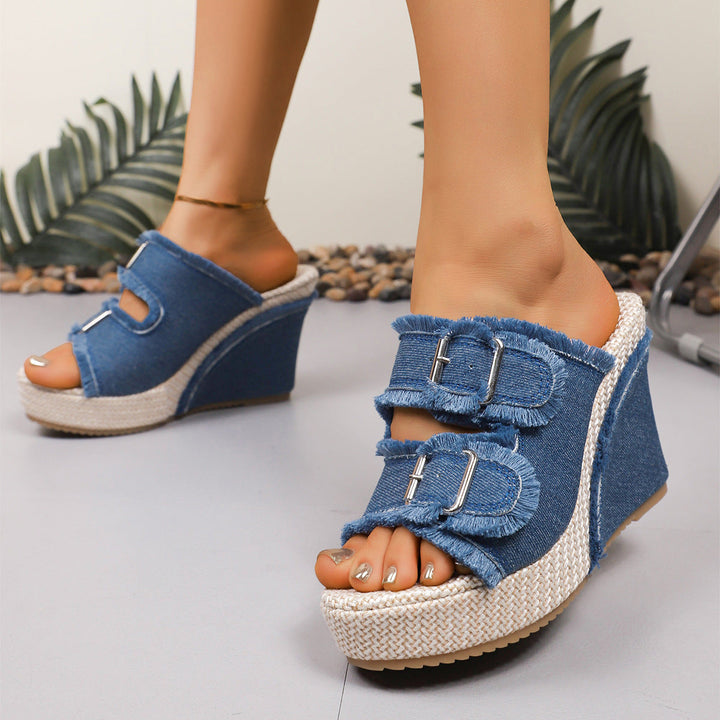 Alona | Denim Fray-Edge Wedge Sandals
