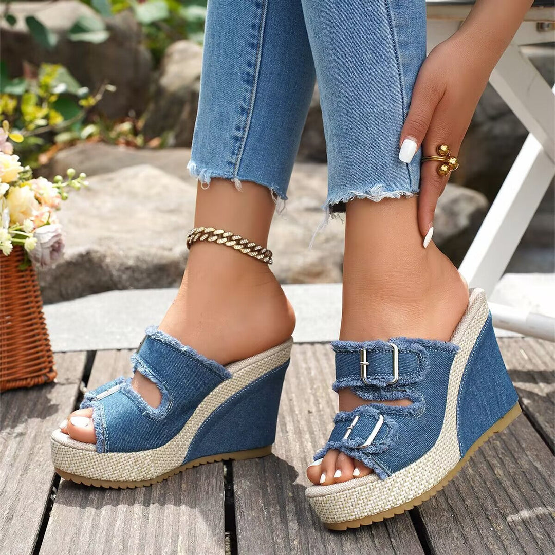 Alona | Denim Fray-Edge Wedge Sandals