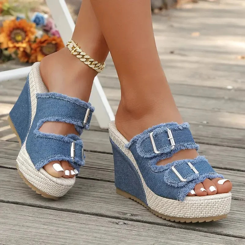 Alona | Denim Fray-Edge Wedge Sandals