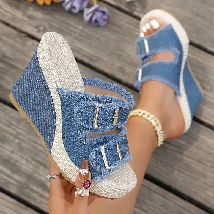 Alona | Denim Fray-Edge Wedge Sandals