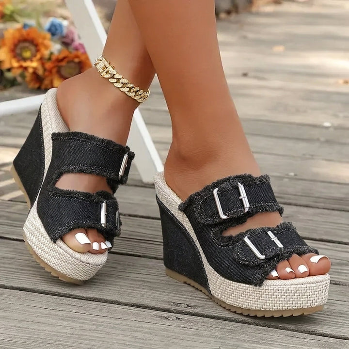 Alona | Denim Fray-Edge Wedge Sandals