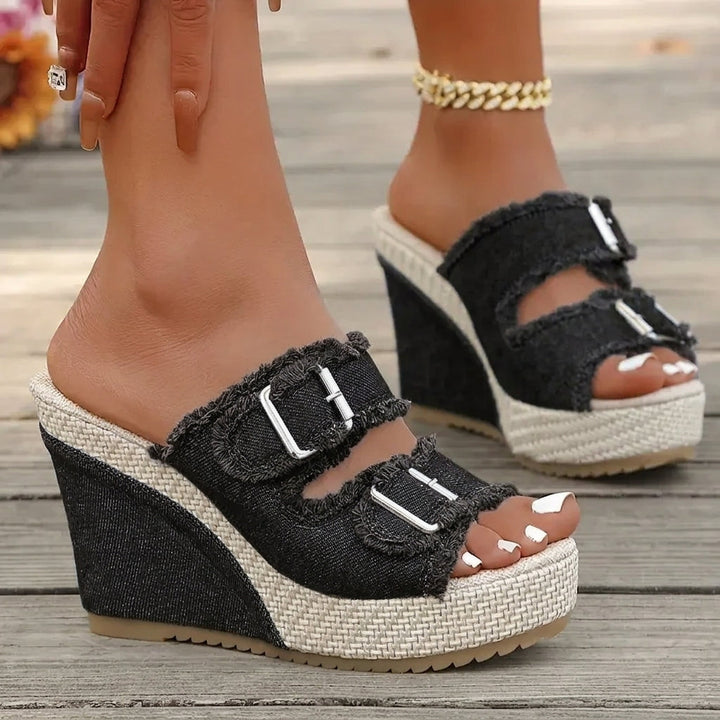 Alona | Denim Fray-Edge Wedge Sandals