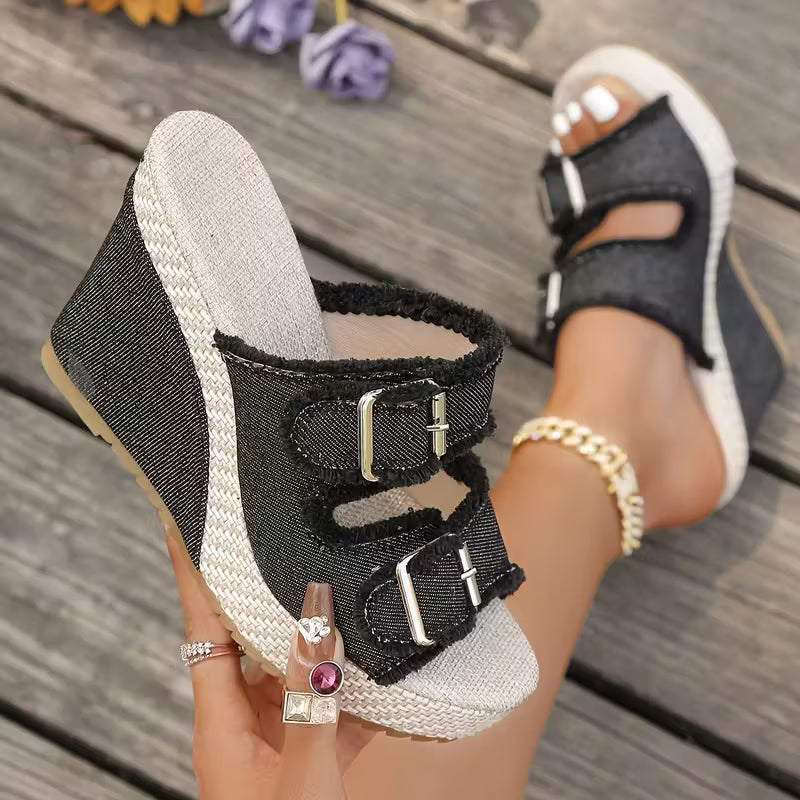 Alona | Denim Fray-Edge Wedge Sandals
